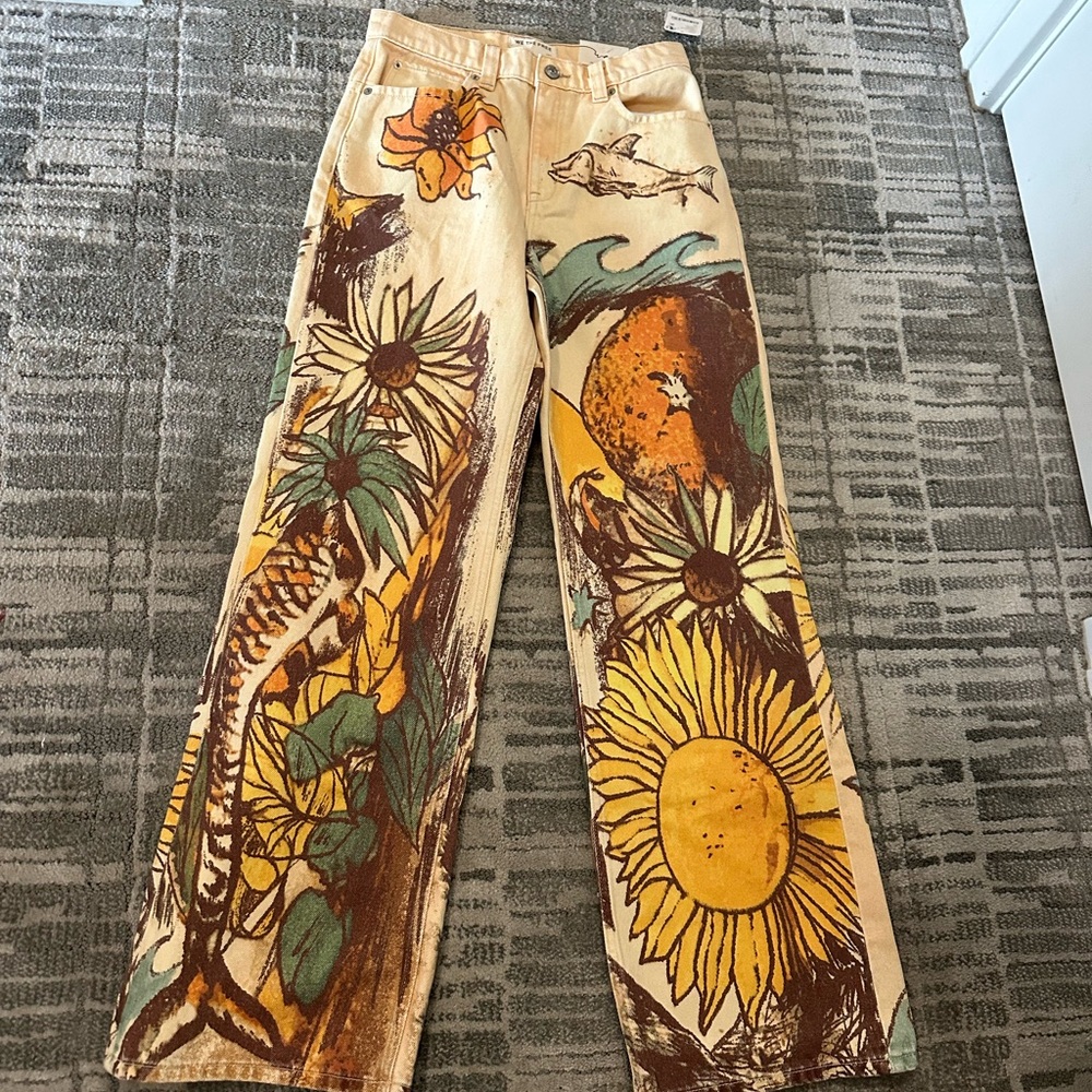 Free People Yellow Botanical Print Wide-Leg Jeans - Picture 6 of 6